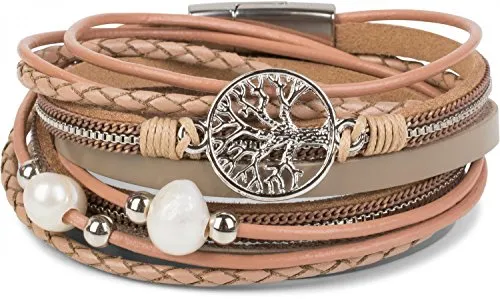 styleBREAKER Wickelarmband mit Perlen, Ketten, Flechtelement und Lebensbaum Anhänger, Magnetverschluss, Armband, Damen 05040070, Farbe:Beige-Altrose
