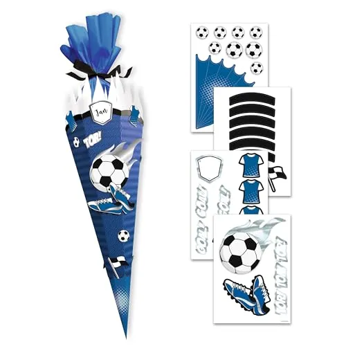 itenga Deko Set für Schultüte Fussball zum Dekorieren einer Schultüte in den Farben deines Lieblingsvereins für Fussballfans (blau - weiss)