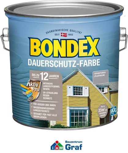 Bondex Dauerschutz Farbe Granitgrau 2,5 L - Lacke mit hervorragender Farbstabilität und bis zu 12 Jahren Wetter- und UV-Schutz, ideal für Holz und mehr. Zertifiziert für Kinderspielzeug.