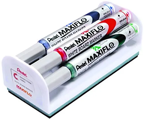 Pentel Maxiflo Boardmarker Set mit Schwamm (Rundspitze fein), schwarz, rot, blau, grün
