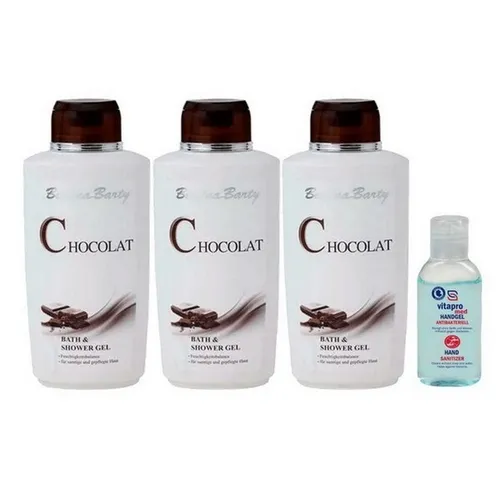 Bettina Barty Chocolat Bath- & Shower Gel 3x500 ml mit Gratis Handgel - Duschgel mit luxuriösem Schokoladenduft, inklusive antibakteriellem Handgel für extra Hygiene.