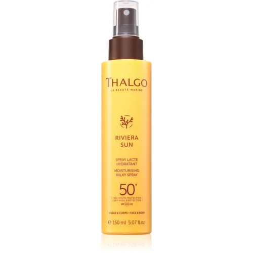 Thalgo Riviera Sun Moisturising Milky Spray SPF50+ 150ml - Sonnenschutzmittel mit hohem SPF50+ für Gesicht und Körper, enthält feuchtigkeitsspendende Zutaten wie Aloe Vera und marine Extrakte für einen luxuriösen, leichten Schutz ohne fettige Rückstände.