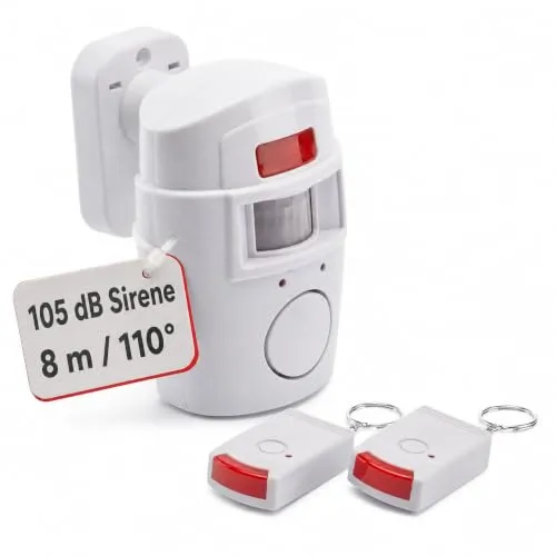 KOBERT GOODS Hausalarm Bewegungsmelder innen 105 dB, 8m Reichweite 110Grad | Drahtloser Bewegungsalarm mit 2 IR-Fernbedienungen und Wandhalterung – sofort einsatzbereit für Einbruchschutz