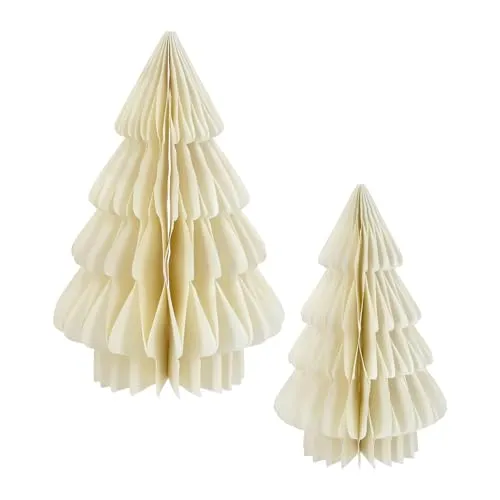 Spetebo Papier Tannenbaum Aufsteller 2er Set 30 cm / 20 cm - Creme - Tisch Deko Weihnachtsbaum zum Aufstellen - Dekoaufsteller für Weihnachten Advent Winter Fenster Dekoration