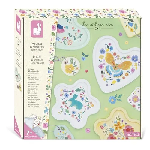 Janod - 16 Objekte aus Gips - 12 Schlüsselanhänger + 4 Schalen zum Dekorieren - Moulage-Kit - DIY - Kreatives Freizeitset für Kinder - Feinmotorik und Konzentration - Ab 7 Jahre - J09162