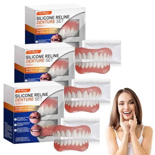 Laralily 3 Stück Silicone Reline Denture Set, Silikon Zahnprothese, Zahnersatz Prothese, Komplett Geeignet Für Verschiedene Anlässe