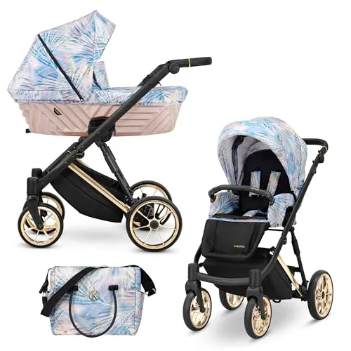 IVENTO Sportwagen 2 in 1 Kinderwagen Komplettset (Pastel Grass, Gold) - Stilvoller Kinderwagen 2 in 1 mit Babywanne und Buggy, ausgestattet mit antibakteriellen Matratzen und wartungsfreien Gel-Rädern für maximalen Komfort und Sicherheit.