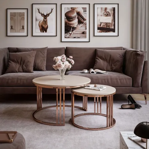 Set Couchtische LORI 2in1 mit kupferfarbener Basis