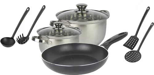 9-tlg. Basic Kochset, Küchen Starterpaket, 4-teiliges Topfset, Bratpfanne, 4-teiliges Küchenhelferset - alle Herdarten außer Induktion