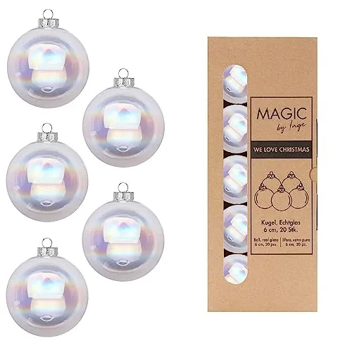Inge-glas Weihnachtskugeln Glas 6cm x 20 Stück in Kartonbox Christbaumkugeln Set Klar Irisierend