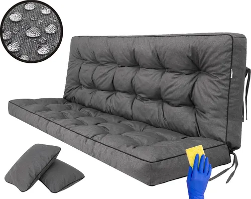 Hobbygarden Sitzkissen Pola 120 cm - Graphit - Gartenmöbelauflagen mit wasserdichtem, leicht zu reinigendem Stoff und zwei kleinen Kissen, ideal für Gartenbänke und Hollywoodschaukeln.