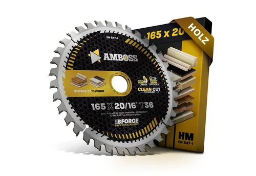 Amboss Kreissägeblatt HM 165 x 1.5/1.0 Z36 WZ - Kreissägeblätter für präzise Schnitte in Edelhölzern und Furnieren, ideal für Akku-Kreissägen. Geringe Schnittbreite schont die Akkuleistung und reduziert den Verschnitt.