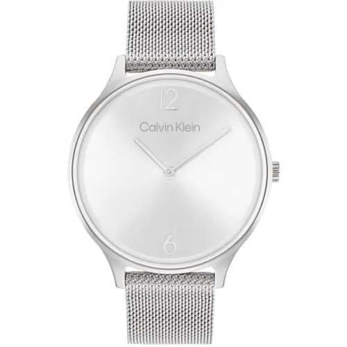 Calvin Klein Analog Quarzuhr Damen Timeless MESH 38MM - Elegante Armbanduhr mit silbernem Edelstahl-Mesh-Armband, Quarz-Uhrwerk und wasserabweisend bis 3 bar – perfekt für stilbewusste Frauen.