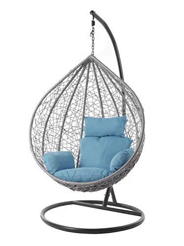 KIDEO Komplettset: großer Hängesessel mit Gestell & Kissen, Korbsessel, Poly-Rattan (Korb: hellgrau & Gestell: grau, Kissen: hellblau Nest (5050 Sky Blue))