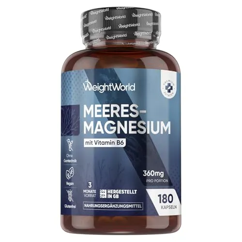 Magnesium als Magnesiumoxid - 180 Meeres Magnesium Oxid Kapseln mit Vitamin B6-3 Monate Vorrat - 360 mg pro Portion - Aus Meer - Vegan, Glutenfrei, Ohne Gentechnik - WeightWorld