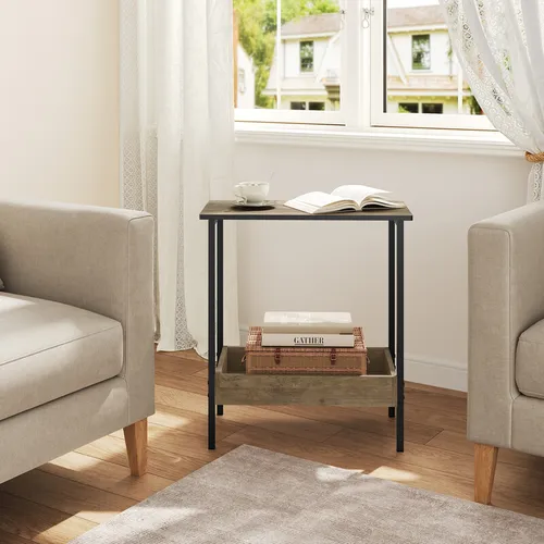 WOLTU Industrieller Couchtisch mit Stauraum, Beistelltisch mit 2 Regalen, Metall und Kunstholz, Hell Eiche, 50x55x25 cm, BTS03grdc