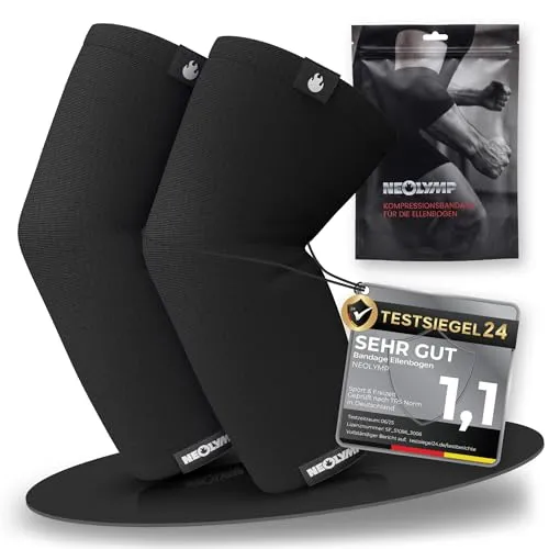 NEOLYMP Ellenbogenbandage Kraftsport – Kompressionsbandage für Bodybuilding, Tennisarm & Golferarm – Stabilität bei Dips & Push-Ups – Elastische Bandage (Schwarz, XL | 36-42 cm)