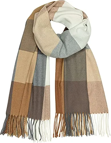 Caspar SC510 Damen großer XL Fransen Karo Muster Winter Schal, Farbe:camel grau, Größe:One Size