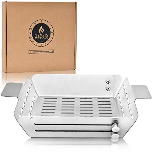 BABEQ - Verstellbarer Grillkorb bis auf 33 cm aus Edelstahl - Gemüsekorb für Fleisch, Fisch & Gemüse - BBQ Grillkörbe Grillschale & Grill Korb Zubehör für Gasgrill, Elektrogrill, Kohlegrill, Backofen