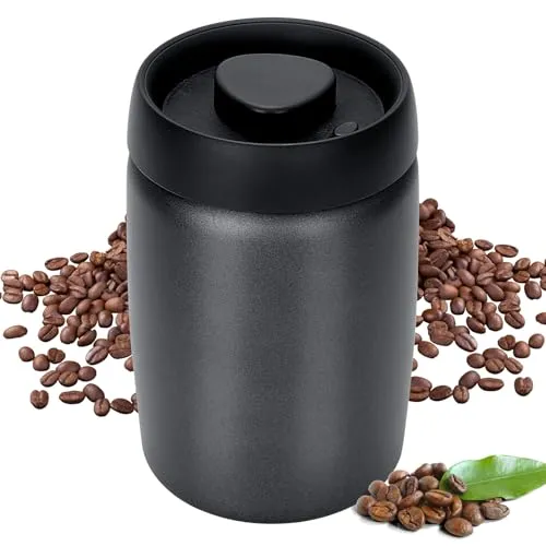 Cozary Kaffeebehälter aus Edelstahl, 1.2L Vakuum Kaffeedose Luftdicht, Kaffeebohnen Behälter mit Vakuum-Pumpdeckel, Luftdicht & Frischhaltend, für Kaffeebohnen, Tee, Nüssen, Würze (Schwarz)