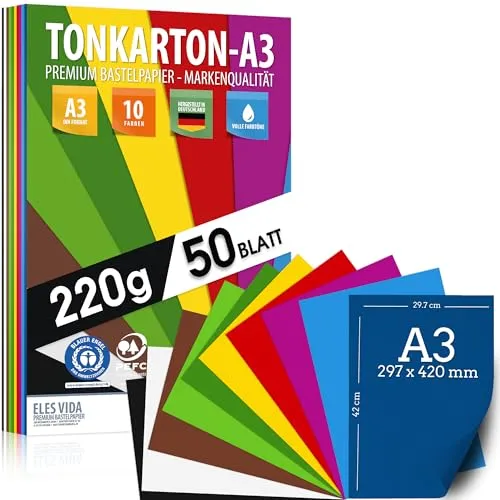 Blatt Buntpapier TONKARTON DIN A3 – 220 g Set 10 Farben – Bastelpapier Dick, Farbige Blätter – Pappe für Kinder, DIY Bogen, Cardstock Zubehör - BLAUER ENGEL & PEFC Zertifizierung - MADE IN GERMANY 50