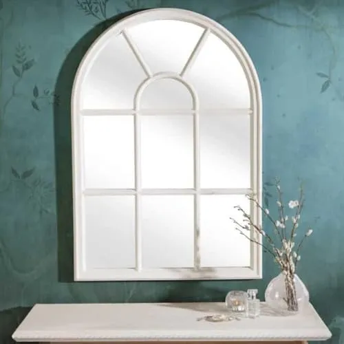 LEBENSwohnART Shabby Chic Rundbogen-Fenster-Spiegel 100cm Weiss - Dekorativer Wandspiegel im Landhausstil, handgefertigt und einzigartig. Verleiht jedem Raum ein charmantes Flair mit einer großzügigen Spiegelfläche von 92x62cm.