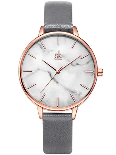 Alienwork Armbanduhr Damen Roségold Lederarmband Grau Weiss Ultra-flach Elegant