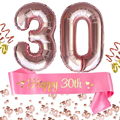 Oblique Unique® 30. Geburtstag Party Feier Deko Set - Happy 30th Schärpe + Folien Luftballons Zahl 3 und 0 + Konfetti Zahl 30 - Roségold Rosa