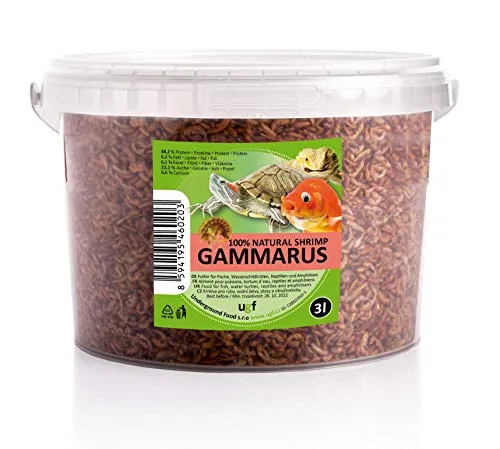 UGF - Premium Gammarus Bachflohkrebse Getrocknet - 318g im 3 Liter Eimer, Schildkrötenfutter, Fischfutter Aquarium, Axolotl Futter, Hamsterfutter, Igelfutter, Koi Futter, Rattenfutter