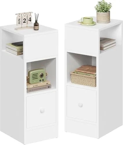 EUGAD Nachttische 2er Set - Platzsparende Beistelltische mit Stauraum - Schmale Nachttische (25x66x30 cm) mit 2 offenen Ablagen und 1 feuchtigkeitsfester Schublade, ideal für enge Räume und vielseitig einsetzbar.