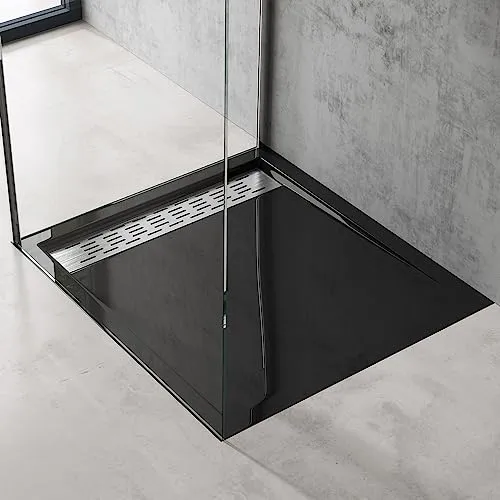 doporro Duschtasse 90x90cm flach aus schwarzem Acryl - Duschwanne aus hochwertigem, glasiertem Acryl für moderne Badezimmer, mit effizientem Entwässerungssystem und einfacher Montage.
