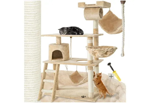 tectake® Kratzbaum 141 cm mit Katzenhaus und Spielkordel - Kratzbäume: Vielseitiger und platzsparender Kratzbaum mit Treppe und Kippschutz, ideal für Spiel und Entspannung deiner Katze.