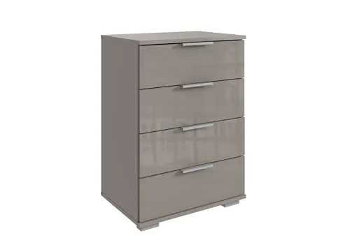 möbelando Hochkommode >Easy Plus< mit 4 Schubladen aus Spanplatte in Saharagrau mit Glasfronten, Maße 52/74/38 cm, modernes Design, Made in Germany, zerlegt geliefert