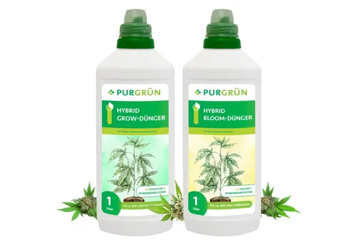 Purgrün Hybrid Dünger Set 2L - Flüssigdünger für Wachstum & Blüte - Pflanzendünger für Hybrid-Cannabis, optimiert für kräftiges Wachstum und prächtige Blüten mit organisch-mineralischen Nährstoffen für maximale Erntequalität.
