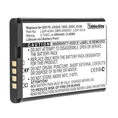 Akku kompatibel mit LG KP105, KP106, KP130, KU250, KP100, KU380, KP235, KP230, KU385, KP202i - ersetzt LGIP-430A, 431A SBPL0093301 Li-Ion 650mAh