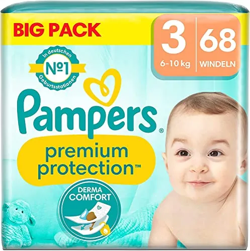 Pampers Premium Protection Midi Windeln Big Pack, 6-10 kg - Einwegwindeln der Größe 3 für optimale Saugfähigkeit und sanften Komfort, ideal für Babys von 6-10 kg.