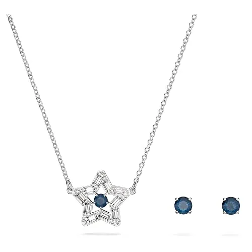 Swarovski Damen-Kette mit Kristallen und Sternmotiv - Elegantes Schmuckset mit Halskette und Ohrringen, geschmückt mit Baguetteschliff-Kristallen und einem blauen Mittelstein. Perfekt als schillerndes Geschenk oder für den eigenen Stil!