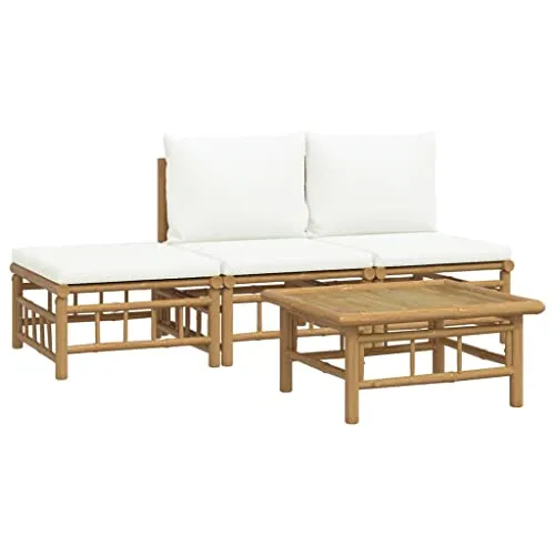 vidaXL Garten Lounge Set 4-TLG. - Modular Sofa Garnitur mit cremeweißen Kissen, langlebig aus Bambus und flexibel kombinierbar für höchsten Sitzkomfort