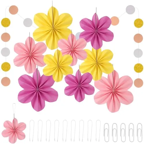 Stück Papierblumen zum Aufhängen, Papier Fächer Papierblumen Dekoration mit 9 Verbinder, 2 m Girlande, Blumen Papier Party Deko Girlande für Hochzeit Kirschblüten Backdrop Tischdeko Abschlussfeier 9