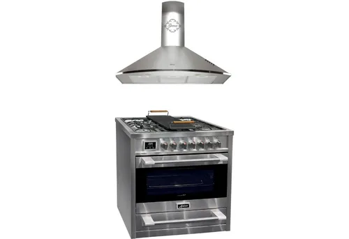 Kaiser Küchengeräte Gasherd-Set Gas Elektro Standherd 90 cm Erdgas, Propangas,115 L+Dunstabzugshaube 90 cm Edelstahl, 1000m³/h,Abzugshaube,3 Stufen HGE 93505 R+GCH C 046 IS 9, mit 1-fach-Teleskopauszug, Katalytische Selbstreinigung, Gas Elektro Standherd 90 cm+Dunstabzugshaube 90 cm 1000m³/h