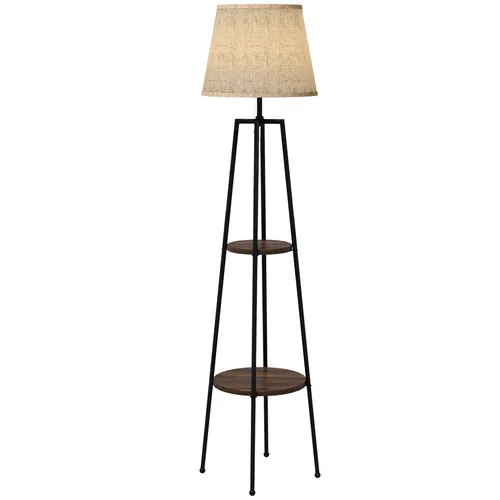 HOMCOM Stehleuchte, Stehlampe für Wohnzimmer, 2 Ablageflächen, E27-Fassung, 40 W, Zugschalter inklusive, Lampenschirm aus Stoff, Metall, modernes Design, Schwarzbraun