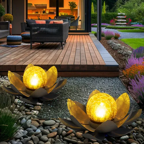 2er Set LED Solar Außen Lampen Lotus Blumen - Gartenbeleuchtung mit Crackle-Optik - Lampen für den Garten mit 25 cm Durchmesser, beeindruckendes Lotusblumen-Design und warmweißem Licht. Solarbetriebene Leuchten, die bis zu 8 Stunden leuchten und für stimmungsvolle Abendstunden sorgen.