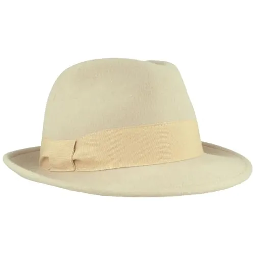 Breiter Damen Filzhut Wollhut Trilby 100% Wolle Wollfilzhut mit Ripsband-Garnitur Mittelbeige S