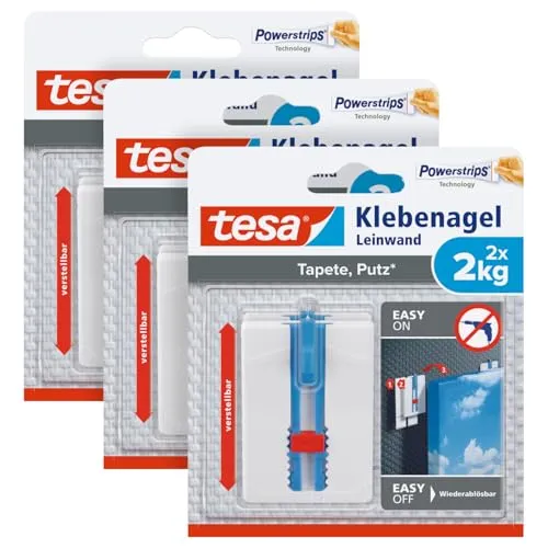 tesa Klebenagel Tapeten & Putz im 3er Pack - höhenverstellbar - selbstklebender Nagel - ideal für Leinwand & Keilrahmen - Halteleistung 2kg/Nagel - spurlos ablösbar - 3 x 2 Nägel