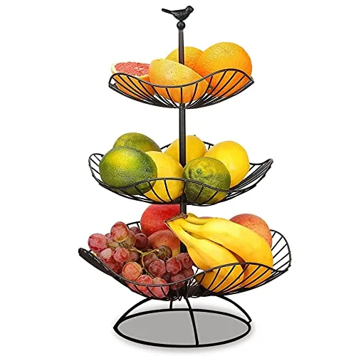 Fouvin Obst Etagere 3 Stöckig Obstkorb Schwarz Obstschale für Mehr Platz auf der Arbeitsplatte - Hält Obst & Gemüse Frisch - Metall Obstständer mit 3 Aufbewahrungsschalen Größe: 31cm 25cm 20cm