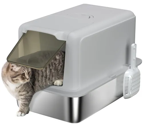 PawHut Katzenklo Edelstahl mit Deckel - Katzentoilette mit großem Frontzugang und integriertem Streufilter, ideal für große Katzen – einfache Reinigung und optimale Hygiene garantiert!