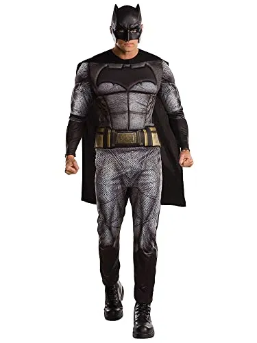 Rubie's Offizielles DC Warner Bros Justice League Batman Kostüm für Erwachsene - Kostüm-Outfits für Erwachsene – Deluxe Batman-Kostüm mit gepolstertem Overall, Umhang und Maske, ideal für Comic-Con oder Kostümpartys, in extragroßen Größen erhältlich.