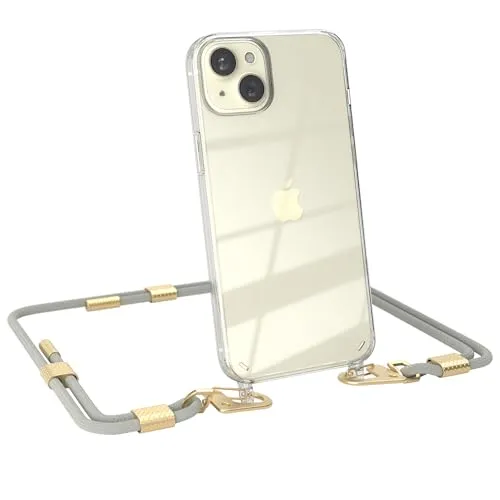 EAZY CASE - Handykette mit Karabiner kompatibel mit iPhone 15 Plus - Hülle Silikonhülle Fallschutz transparente Handyhülle Kette zum Umhängen Schutzhülle in Taupe - Clips Gold
