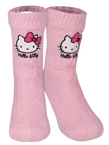 United Labels Hello Kitty Hüttensocken - Strick Haussocken mit Sherpa Futter für Damen Kuschelsocken Flauschige Wintersocken warme Frauen Socken OneSize Rosa
