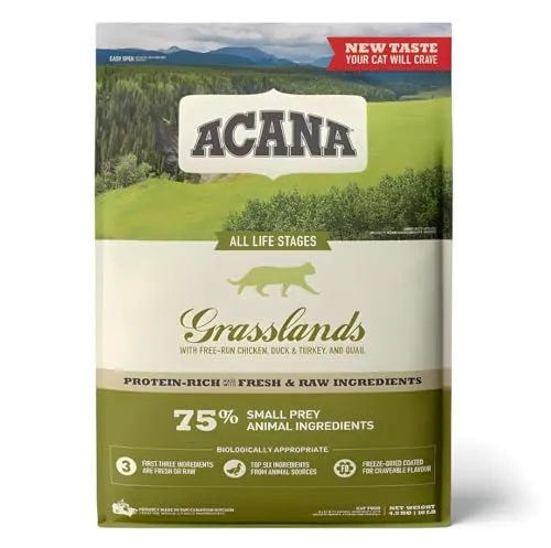 ACANA Grasslands Cat 4,5kg - Hochwertiges Katzenfutter mit Überraschung - Katzenfutter mit 75 % Fleisch von kleinen Tierarten, inklusive Freilandgeflügel und Wildfisch, ideal für eine artgerechte Ernährung.